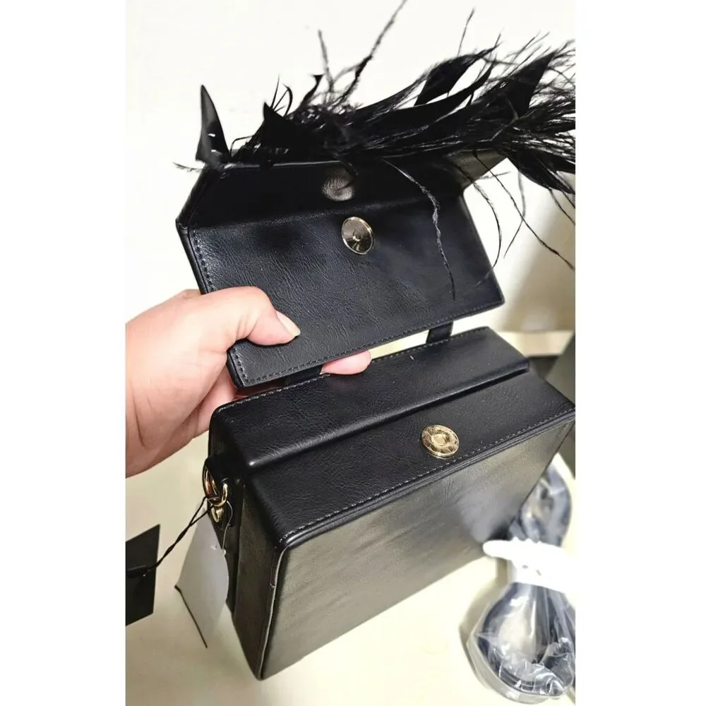 NWT Street Level Black Feather Trim Box Handbag